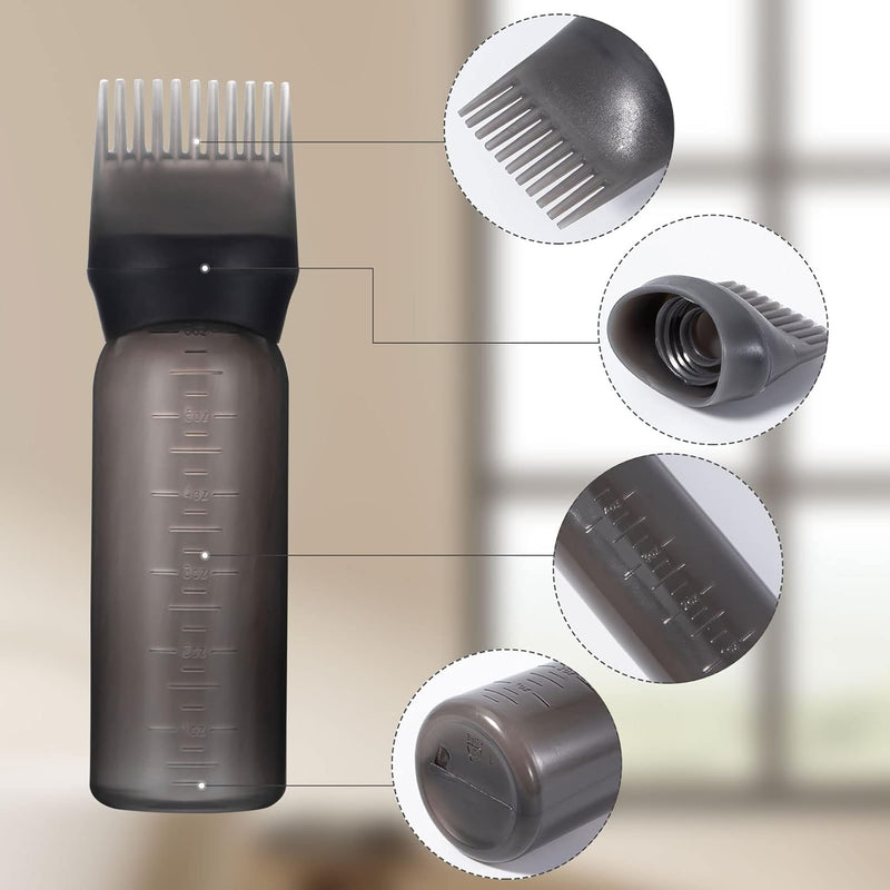 Yebeauty Frasco aplicador de pente de raiz, pacote com 2 frascos aplicadores de cabelo de 170 g para frasco de tinta de cabelo, pincel aplicador com escala graduada - preto transparente